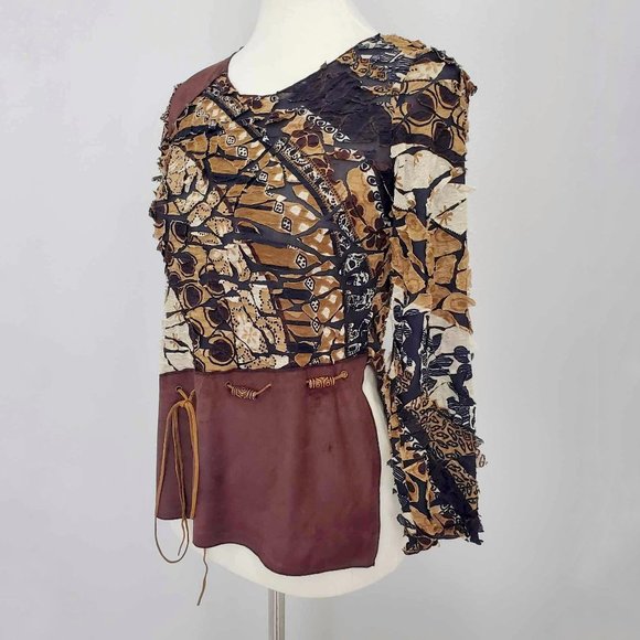 Punky Girl Brown Multi Print Distressed Beaded Top - Picture 4 of 15